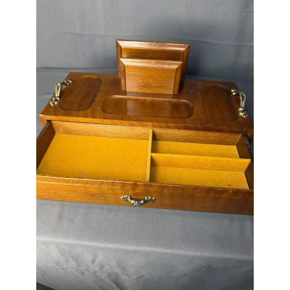 Mens London Leather Wood Dresser Valet Organizer Storage Drawer Vintage